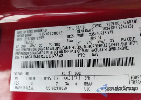 2018 Ford Escape Titanium z USA, uszkodzony, nr VIN 1FMCU0J9XJUB67342